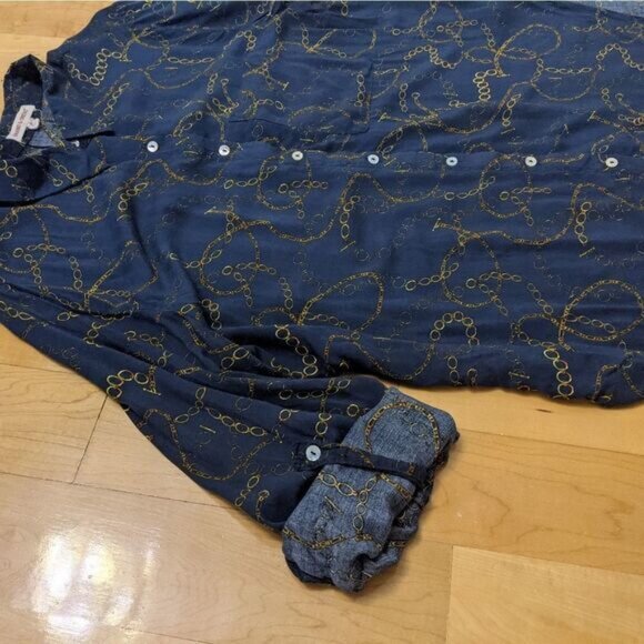 GRAND & GREENE chain print Navy blouse button down shirt adjustable sleeves L @P - Picture 14 of 14